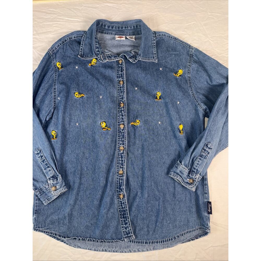 Vintage Tweety Bird Denim Shirt Womens M Embroidered Looney Tunes 100% Cotton